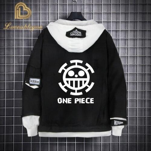 One Piece Anime Black Denim Jacket Luffy Autumn and Winter Long Sleeve False Two Piece Denim Hooded Jacket Casual Trend