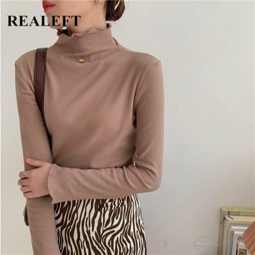 REALEFT 2021 New Autumn Knitted Womens T-Shirts Bottoming Turtleneck Casual Minimalism Long Sleeve Female Sexy Shirts Tops Lady