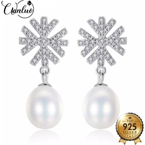 WANLUO 100% 925 Sterling Silver Romantic Snowflake Pearl Stud Earrings for Women Freshwater Pearls Wedding Jewelry Accessories