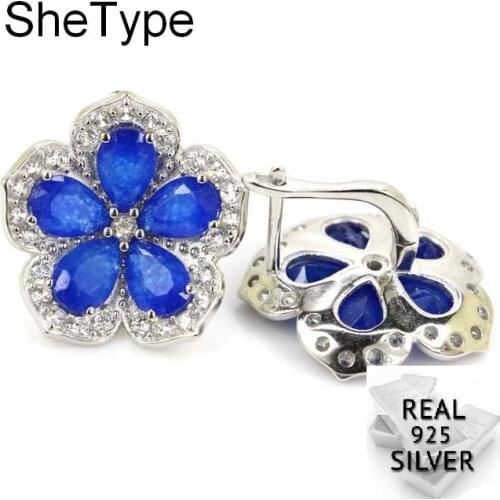 SheType 8.3g Flower Shape Real Blue Sapphire White CZ 925 Solid Sterling Silver Stud Earrings 21x20mm