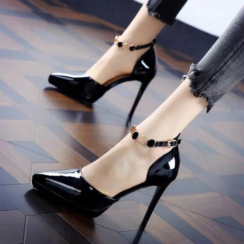 Rimocy 2021 Fashion Metal Buckle Super High Heels Shoes Women Sexy Pointed Toe Patent Leather Pumps Woman Platform Banquet Shoes