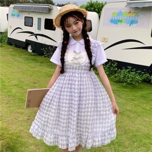 Summer Sweet Womens JSK Plaid Dress Suspender Sleeveless Dress Empire Waist Ruffles Bow Trim One Piece