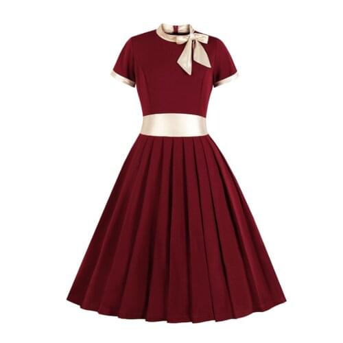 Spring summer womens dress fashion pleated stand-up collar bow plus size dresses Europe America Medium length Big swing dresses