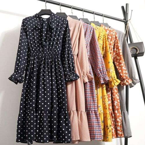 Dress 2021 Summer Womens Casual Ladies Korean Retro Floral Print Chiffon Shirt Long-sleeved Dress Bow Mid-length Summer Dress