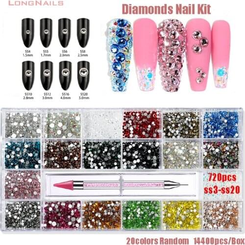 14400pc(720*20) Diamonds Nail Kit Rhinestones Hotfix Box Set 20 Random Colors Mixed Flatback Gemdiamonds Nail Kit Stone ss3-ss20