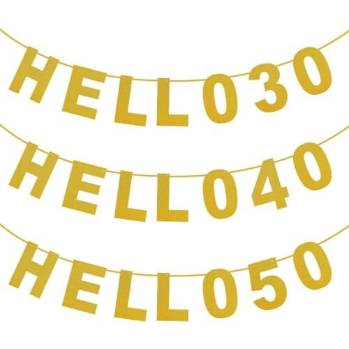 7 Flags Glitter Gold Paper Banners HELLO 30 40 50 Letter Number Bunting Garland For Adults Birthday Party Decoration Supplies