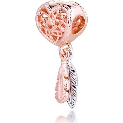 Openwork Heart & Two Feathers Dreamcatcher Charm for Bracelets Jewelry pendant 925 Sterling Silver Beads for Jewelry Making