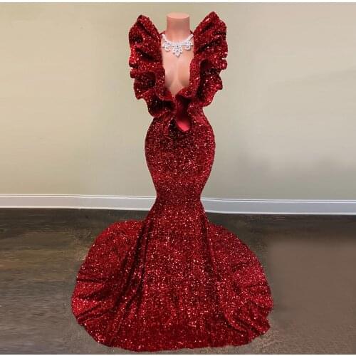 Burgundy South African Evening Dresses Mermaid Deep V-neck Sequins Sparkle Nigeria Saudi Arabic Evening Gown Prom Dress