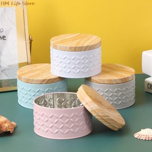 1Pc Hot Sale Round Empty Iron Box Wood Cover Candy Storage Box DIY Candle Making Can New