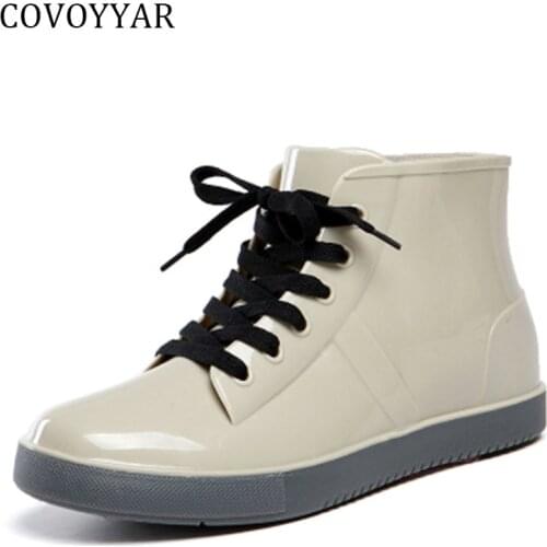 COVOYYAR Jelly Boots Women Lace Up Rain Boots Short Ankle Slip Resistant Waterproof Rubber Shoes All Match WBS127