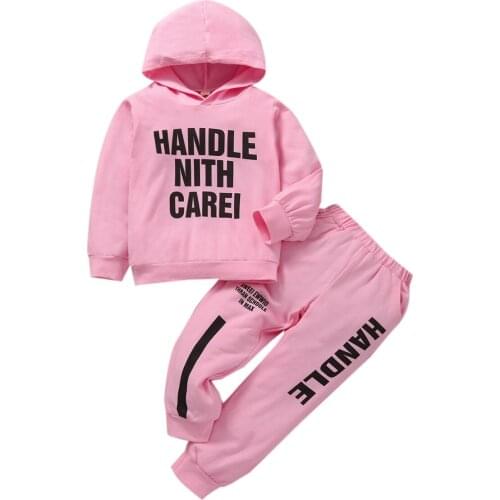 2 Pcs Baby Girls Letter Print Outfits, Casual Long Sleeve Hoodie + Trousers with Slant Pockets
