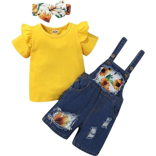 Girls 3Pcs Clothers Suit, Solid Color Short Fly Sleeve T-shirt with Sunflower Printed Suspender Jeans and Headband