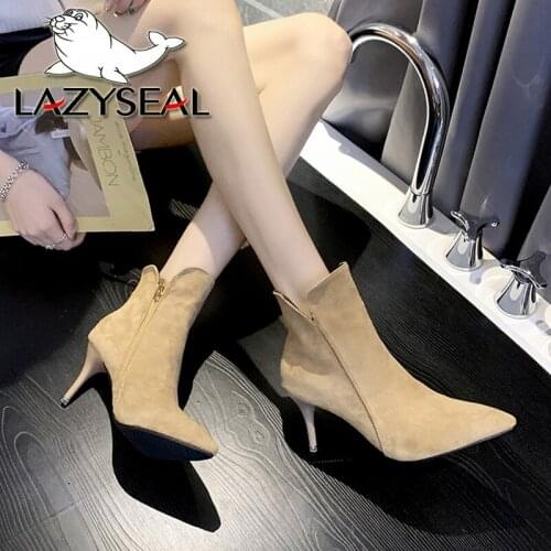 LazySeal 2021 Thin Heels Boots Women Shoes Pointed Toe Zipper Woman Ladies Winter Boots Plus Size 47 48