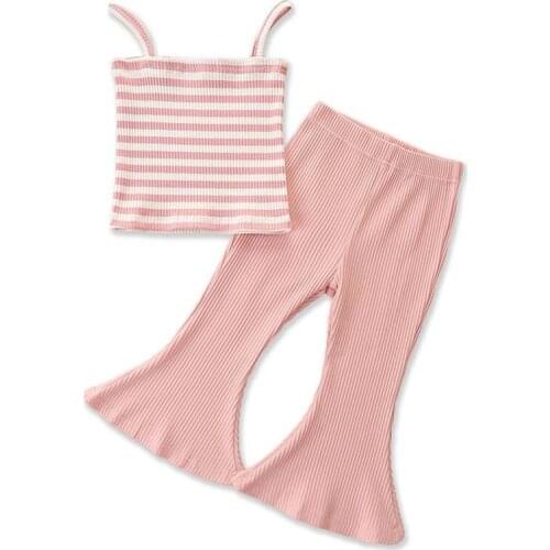 Summer Girls' Clothing Sets Baby Girl Clothes Kids Striped Suspender Top+Pink Flared Pants 2Pcs Outfits Children Clothing 1-6Y