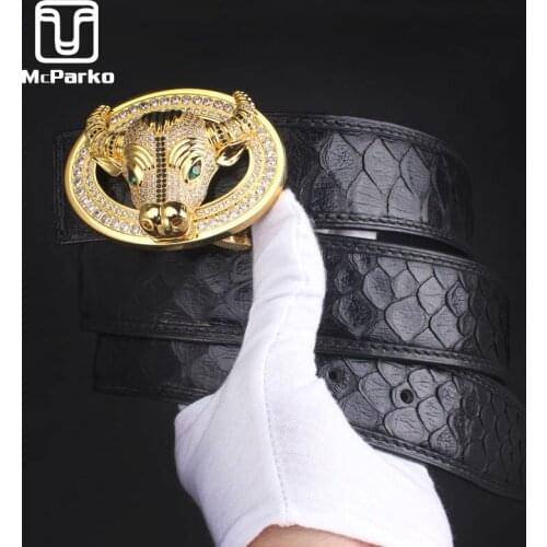McParko Genuine Snakeskin Leather Belt For Men Custom Name Logo Buckle Belt Straps Luxury Brand Design Cow Head Unique Male Gift