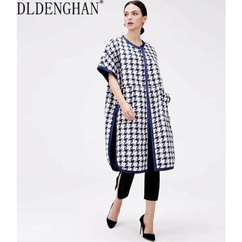 DLINGHAN Fashion Plaid Wool Overcoat Womens Short Sleeve O-Neck One size Tweed Coat Outwear Designerr Autumn New