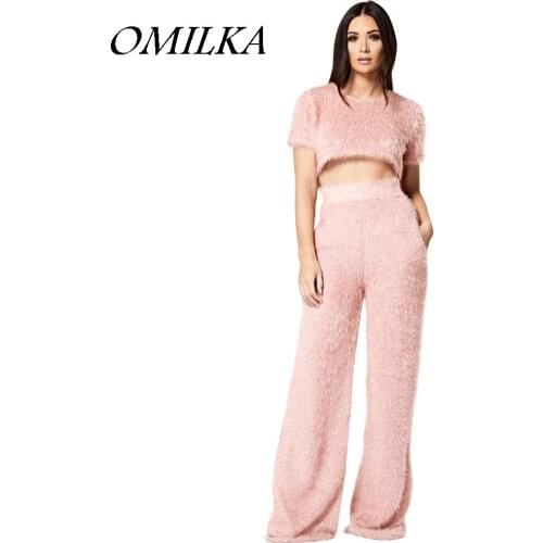 OMILKA 2018 Atumn Winter Women Short Sleeve O Neck Crop Top and Long Pant Set Sexy Pink White Black Navy Wool Clothing Set