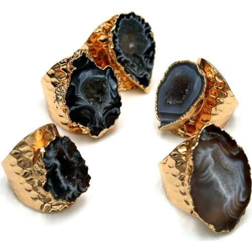 Wholesale 6pc/lot Natural cave stone hand polished plating gold opening adjustable wide irregular golden ring free size
