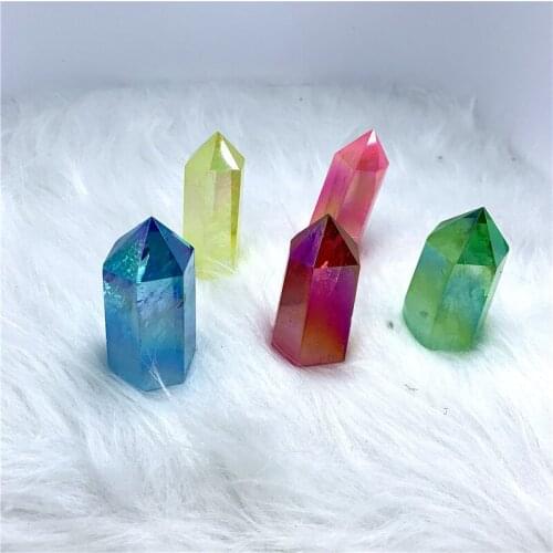 Wholesale mix color carved electroplated quartz wand reiki healing crystals point energy tower for home decoration