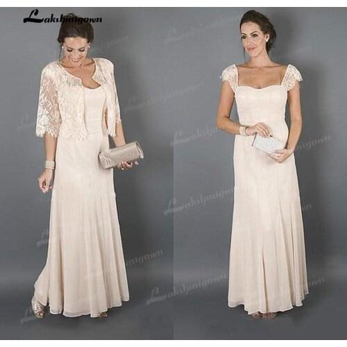 Nude Pink Mother of the Bride Dresses With Lace Jacket Ruffle Chiffon 2 Pieces Mother Evening Dress Plus Size Wedding Party Gown