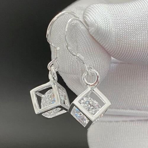 SALE 50% OFF Silver Color Drop Earrings for Women Lady Square Elegant Big ZirconIA Crystal Ear Jewelry Dangle Birthday Gift