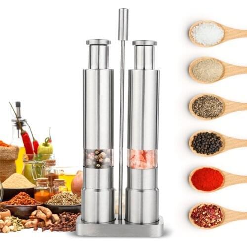 Manual Salt and Pepper Grinder Set Thumb Push Pepper Mill Stainless Steel Spice Sauce Grinders With Metal Holder Kitchen Tool