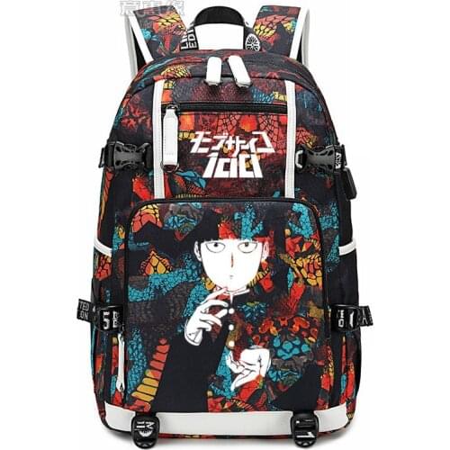 New Mob Psycho 100 schoolbag Printing laptop bag Men Travel bags USB Charging knapsack Mobu Saiko Hyaku Oxford Backpack