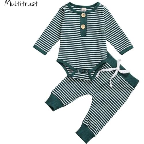 Newborn Baby Girls Knit Clothes Button Tops Shirt Stripe Pants with Drawstring Infant Boys 2Pcs Fall Winter Outfits Set