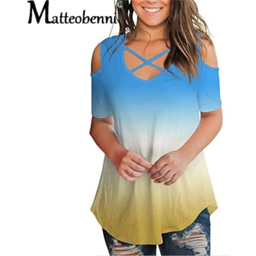 2021 Summer Women Fashion Criss Cross Loose Gradient Tops Sexy O-Neck Strapless Short-Sleeved T-Shirt Casual Large Size Pullover