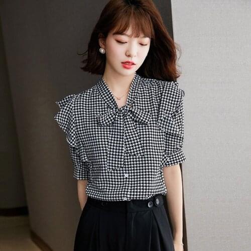 Womens Blouse Chiffon Top Loose Bow Houndstooth Shirt Fashion Summer 2021 Dropshipping