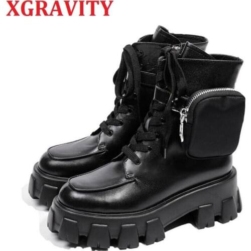 XGRAVITY 2021 Autumn Winter Thick Sole Platform Boots Fashion Women Shoes ELegant Pocket Lace UP Woman Boots Short Boots S010