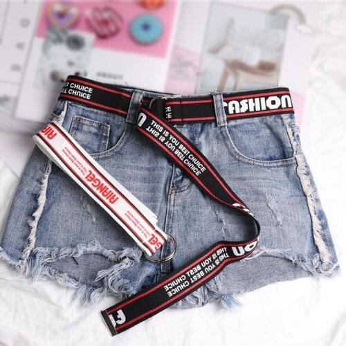 Women Men Canvas Belts Punk Letter Printed Ladies D Ring Long Waist Strap Jeans Trouser Black White Student Casual Waistband