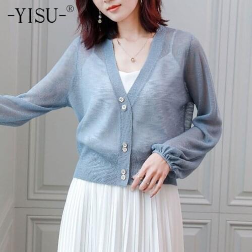 YISU Women Spring Casual Cardigan Transparent Solid color V-Neck Long sleeve Spring tops 2021 New Knitted Cardigan Thin section
