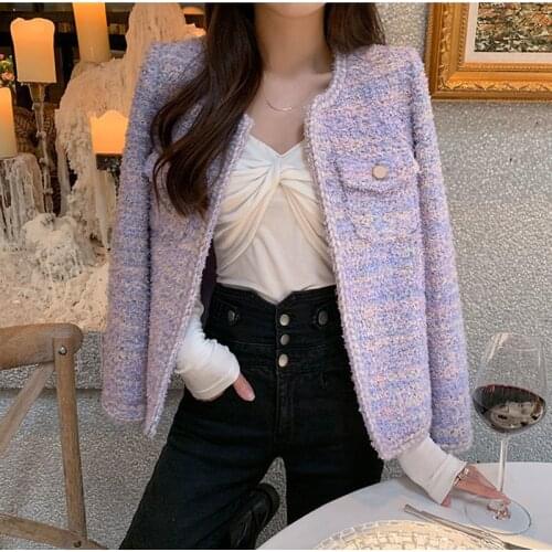 Women Korean Fashion Tweed Jacket Sweet O-Neck Cardigan All-Match Short Coat Slim High Quality Elegant Female Small Outwear Top