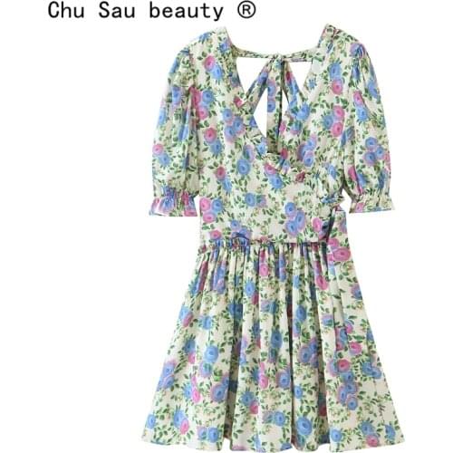 New Summer Sweet Chic Floral Printed Chiffon Mini Dress Women Holiday Style Deep V-neck Backless Ruffles Dresses Female Vestidos