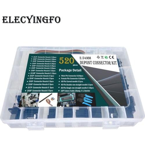 520pcs 2.54mm 1P/2P/3P/4P/5P/6P/7P/8P/10P Single and double row male and female DuPont shell jumper connectors kit box