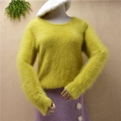Ladies women fashion hairy fuzzy mink cashmere knitted long sleeves slim pullover angora rabbit fur blouses sweater jumper pull