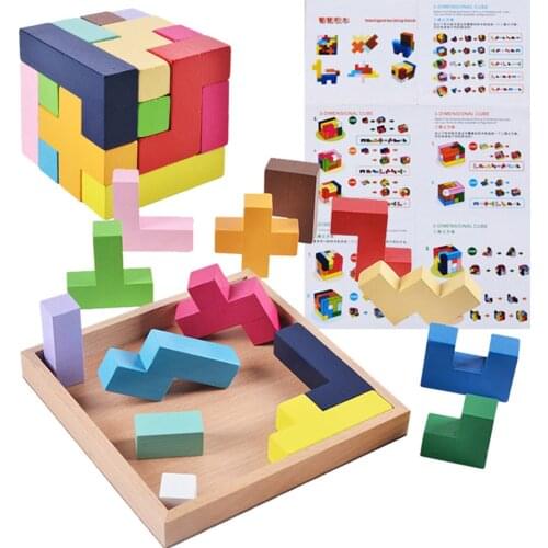 Wooden Blocks Puzzle Brain Teasers Toy Tangram-Ji gsaw Intelligence Colorful 3D Russian Blocks Game Montessori Puzzle Games Toy