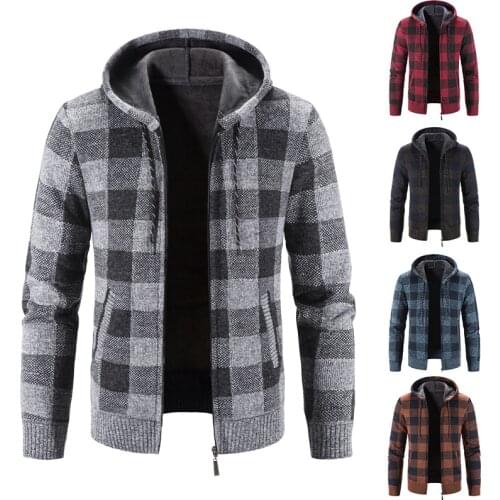 Hooded jumper for men autumn/winter fleece heavy cashmere sweater fashion check zipper cardigan warm casual loose jacket