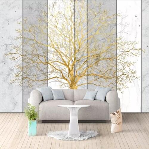 Customized large mural wallpaper 3D family tree gold foil fortune tree marble parquet wall decoration painting