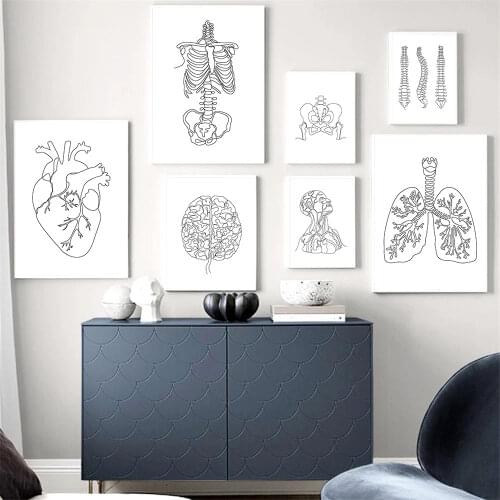 Human Organ Anatomy Poster Black And White Art Painting Brain Heart Lung Canvas Print Minimalist Wall Pictures Clinic Room Decor