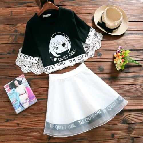 Japan Style Mori Girl Two Pieces Set Cute Cotton Girl Pattern Letter Print Crop Top High Waist Mini Mesh Skirt Sweet Elegant Set