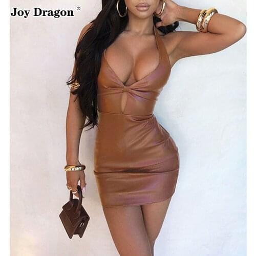 2021 New Women Fashion Halter Sexy Hollow Low Cut Slim Bodycon Black Party Club Mini Dresses PU Leather Dress Autumn Winter