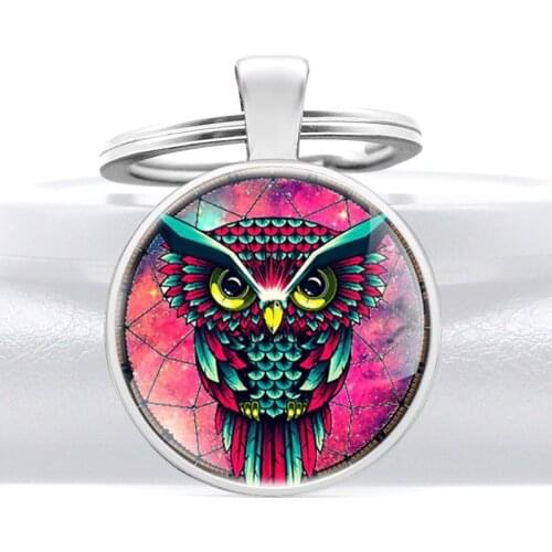 New Fashion Dreamcatcher Owl Glass Cabochon Pendant Key Chain Charm Men Women Jewelry Gifts Key Rings