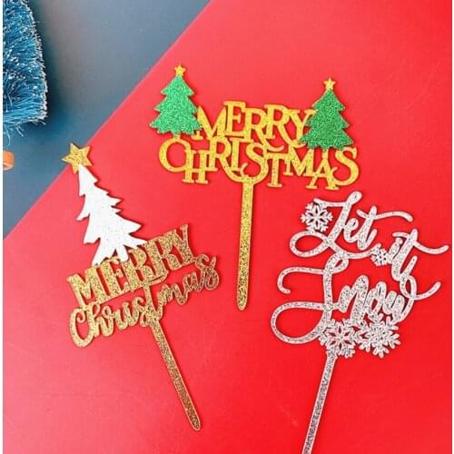 New Gold and Silver Glitter Merry Christmas Party Holiday Party Cake Decoration Christmas Tree Snowflake Cake Insert Card