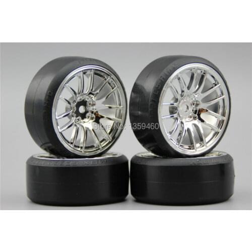 Pre-Glued 4pcs RC CS-R Drift Tires Tyre Wheel V14C 3mm offset (Chrome) With Silencing Sponge For 1/10 drift Car