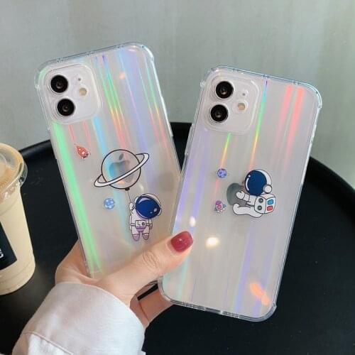 Luxury Glitter Laser Astronaut Phone Case for iPhone 12 11 11Pro X XR XS Max 7 8 Plus Cute Stripe Clear Airbag Soft Tpu Cover