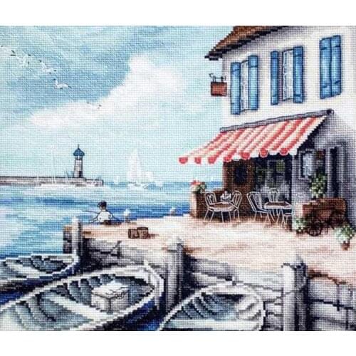 Top Quality Gold Collection Counted Cross Stitch Kit Sea Port Coffee Shop Pier Boat Ship Lighthouse Fishing 908 OK