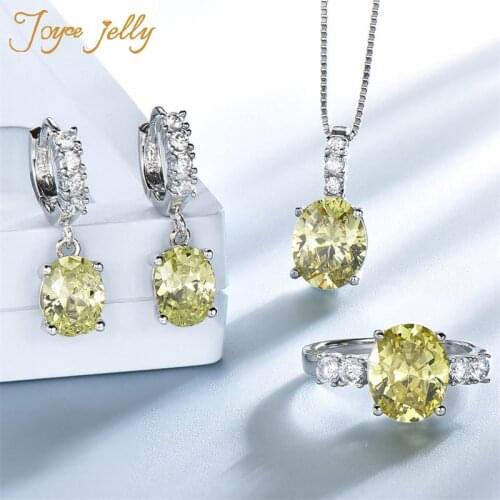 JoyceJelly 925 Sterling Silver Jewelry Set Women Fashion Oval Apple Green Gemstone Earrings Ring Necklace Trendy Gifts Wholesale