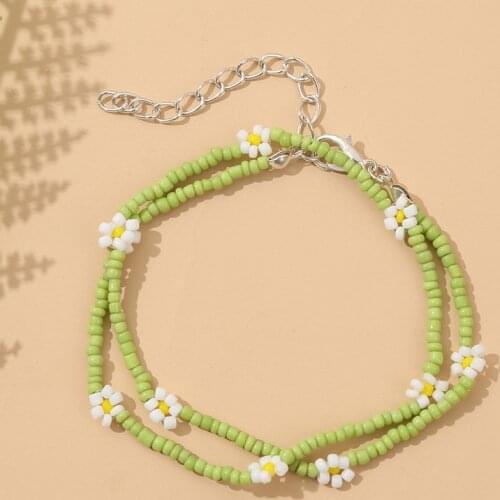 Bohemian Ladies Fashion Light Green Glass Beads Double Layer Bracelets For Women Handmade Beaded White Flower Bracelet Jewelry
